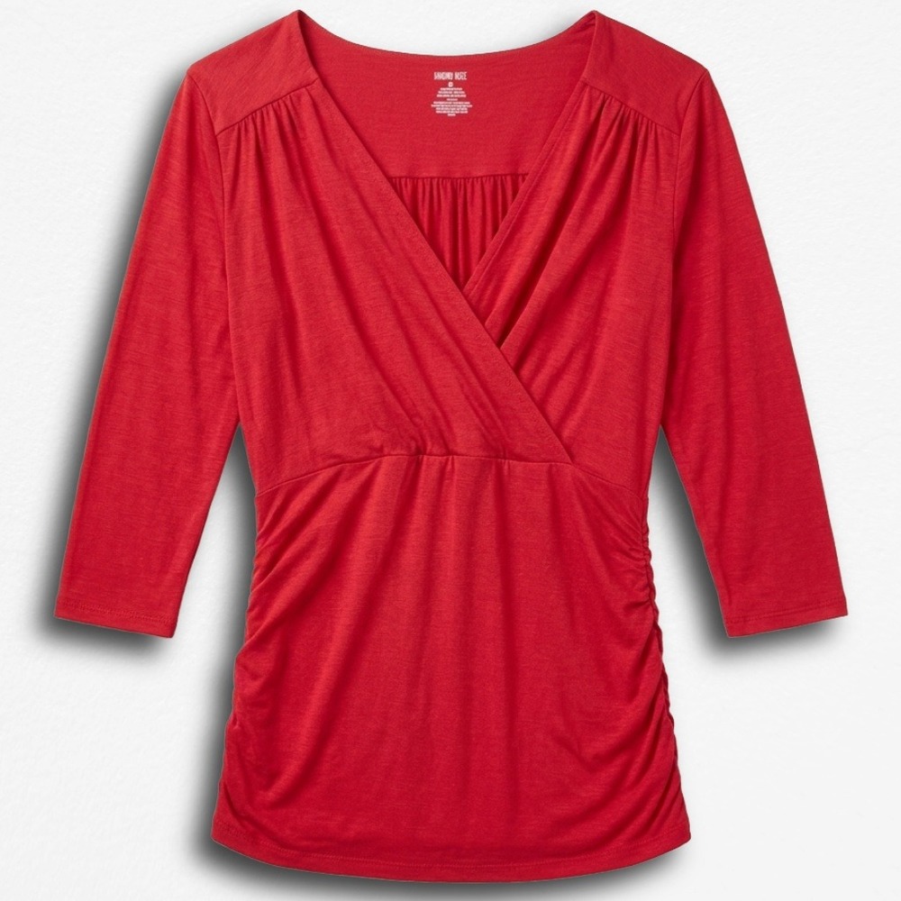 Jennifer Lopez Red Surplice Wrap Top 3/4 Sleeve Ruched‎ Side V-Neck Medium